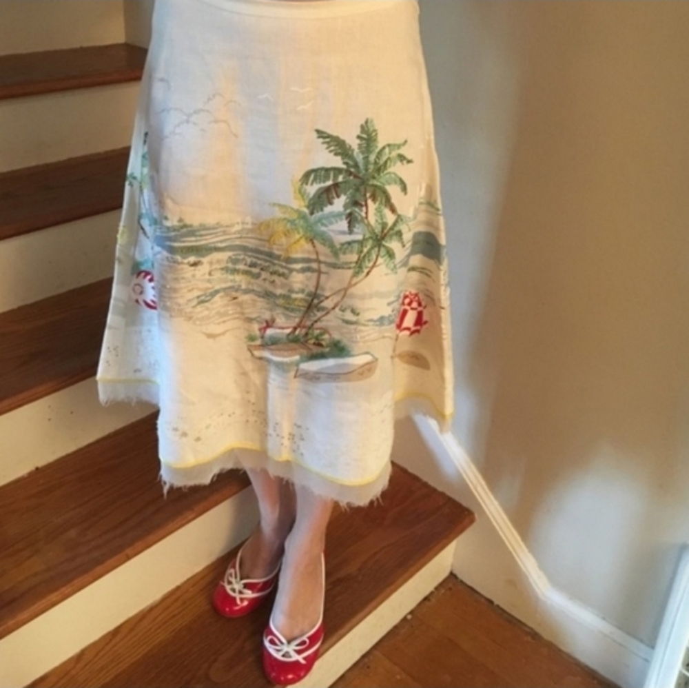 J. CREW Vintage Beach Scene Postcard Print Collectible Ecru Linen Skirt S RARE - Picture 3 of 12